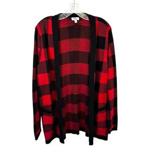 Kim Rogers XL Cardigan Red Black Buffalo Check Plaid Open Front Sweater 1594
